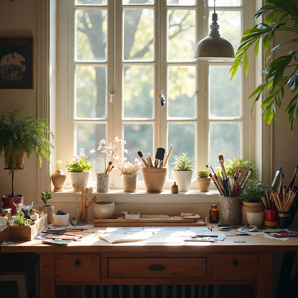 Creative workspace with art supplies and natural lighting